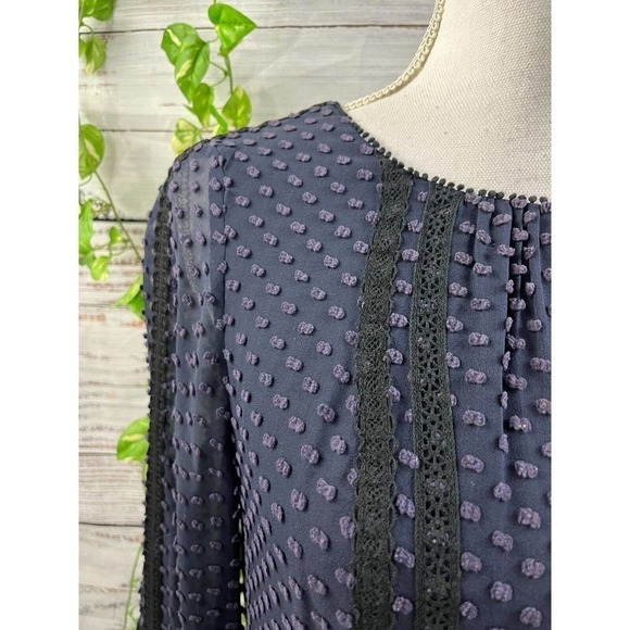 J Crew Blouse size 0 Navy Blue Lace Dotted Sheer Boho Peasant Prairie Modest - Picture 5 of 10